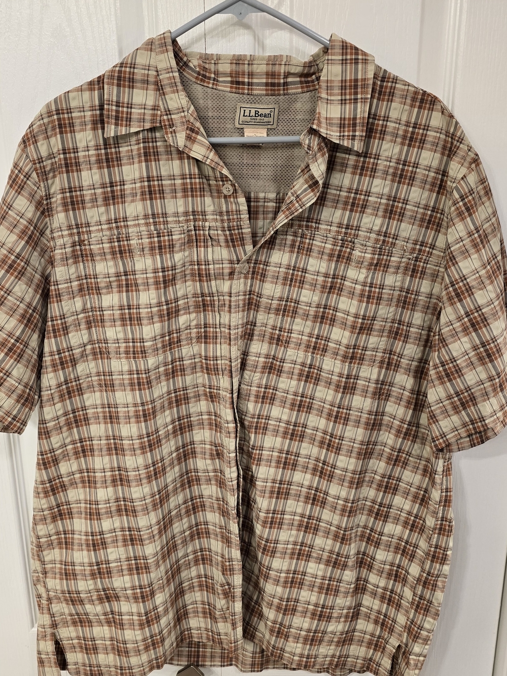 L.L. Bean Men's Short-Sleeve Plaid Shirt in Cream and Brown